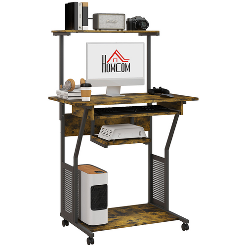 HOMCOM Rolling Computer Desk with Keyboard Tray & Storage Shelves Rustic Brown