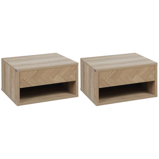 HOMCOM Floating Bedside Table Set of 2 Wall Mounted Nightstand W/ Drawer Natural