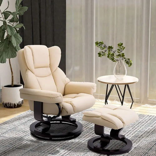 Elegant Cream PU Leather Recliner Sofa Chair & Footstool - Ultimate Comfort!