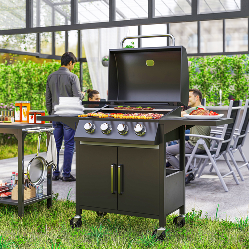Outsunny Portable 4-Burner Gas Grill: Ultimate BBQ Trolley with Side Shelves