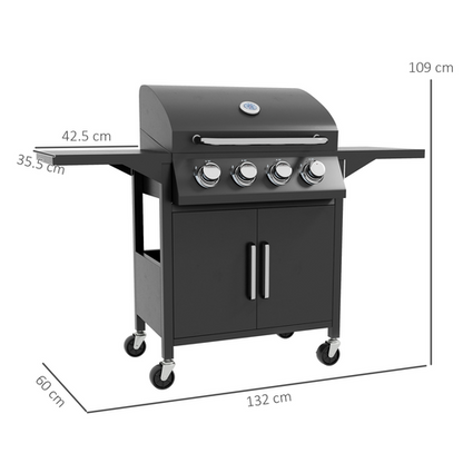 Outsunny Portable 4-Burner Gas Grill: Ultimate BBQ Trolley with Side Shelves