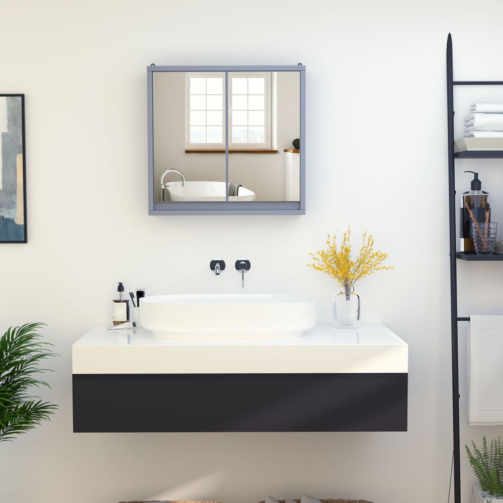 Elegant Wall-Mounted Mirror Cabinet with Adjustable Shelf - Grey Bathroom Storage