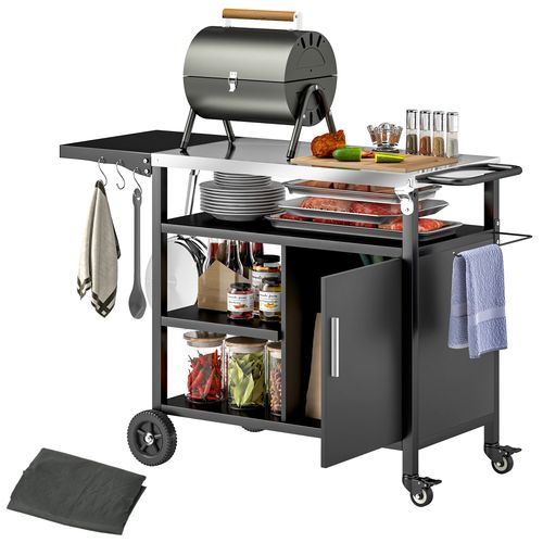 Outsunny Stainless Steel Outdoor BBQ Trolley with Folding Table & Wheels
