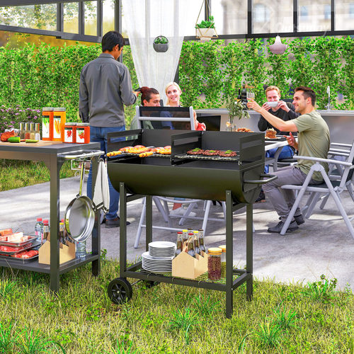 Outsunny Dual-Zone Charcoal BBQ Grill on Wheels - Ultimate Outdoor Cooking!