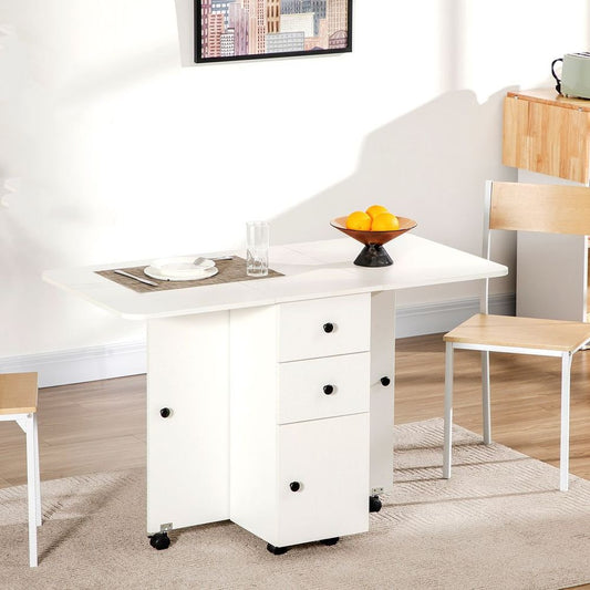 Space-Saving Drop Leaf Dining Table with Storage & Wheels - Versatile White Design