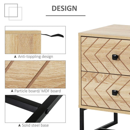 Chic Zig Zag Two-Drawer Bedside Table with Sleek Black Metal Handles