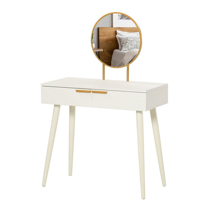 Elegant White HOMCOM Dressing Table with Round Mirror & Gold Accent Drawers