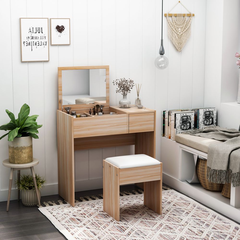 Elegant Multi-Functional Dressing Table Set with Padded Stool & Hidden Storage