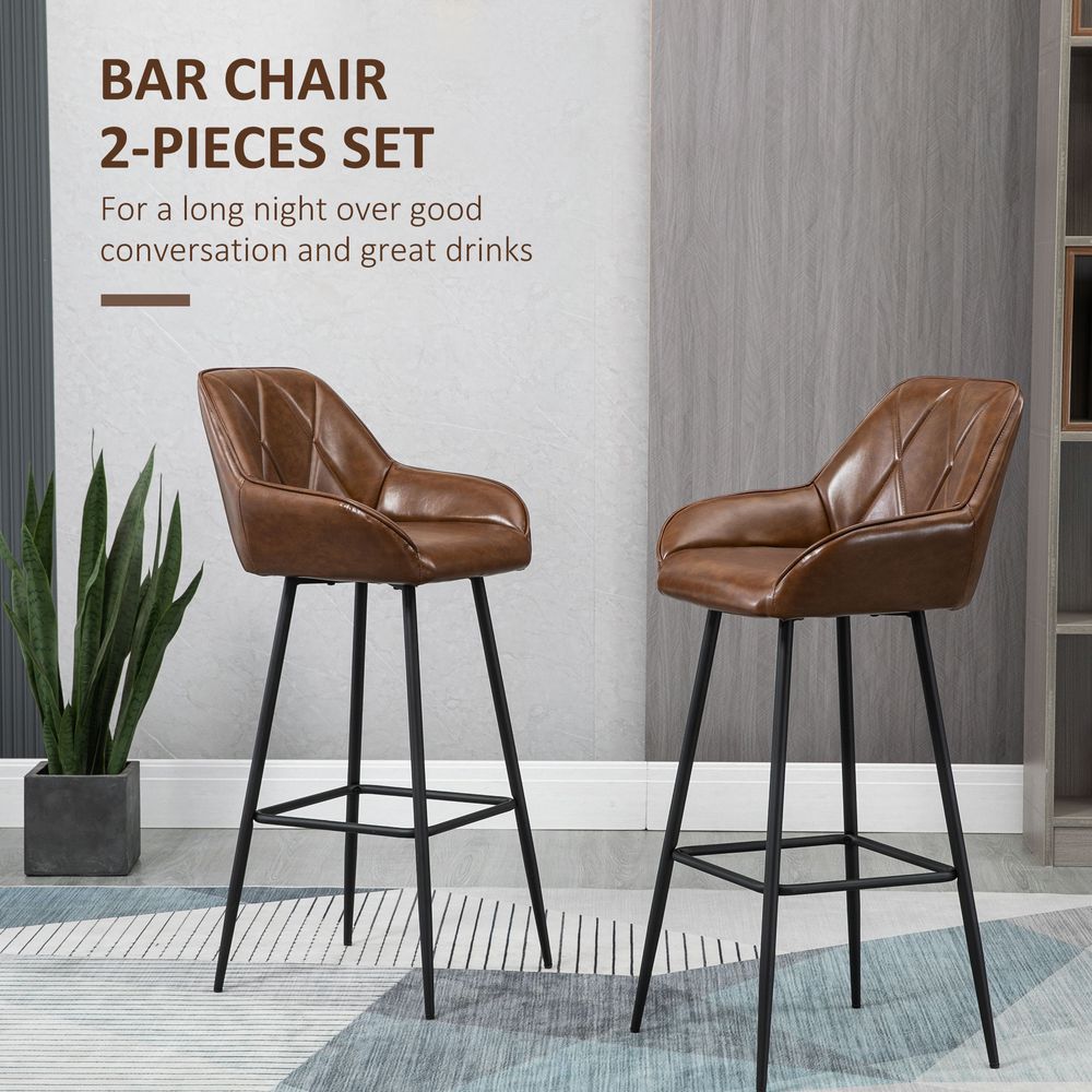 Retro Chic Bar Stools - Set of 2 Stylish Faux Leather Chairs with Steel Frames