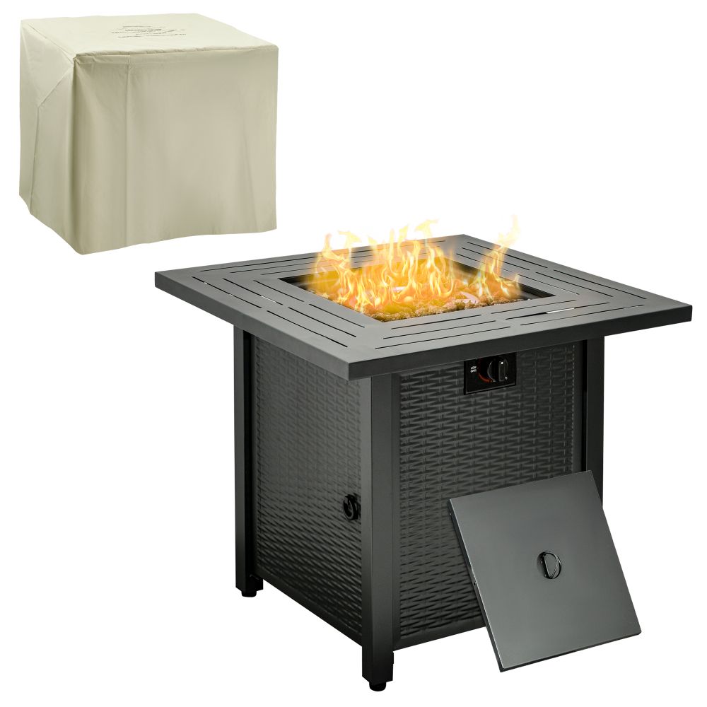Stylish Square Propane Fire Pit Table with Rattan Design & Smokeless Flame