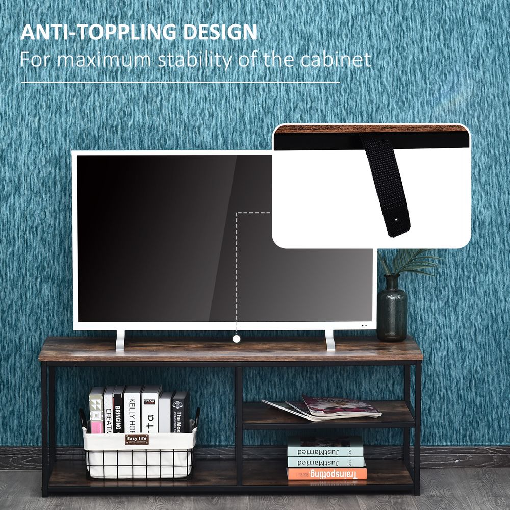 Industrial Elegance: Black & Brown Steel Frame TV Stand with Multi-Level Storage
