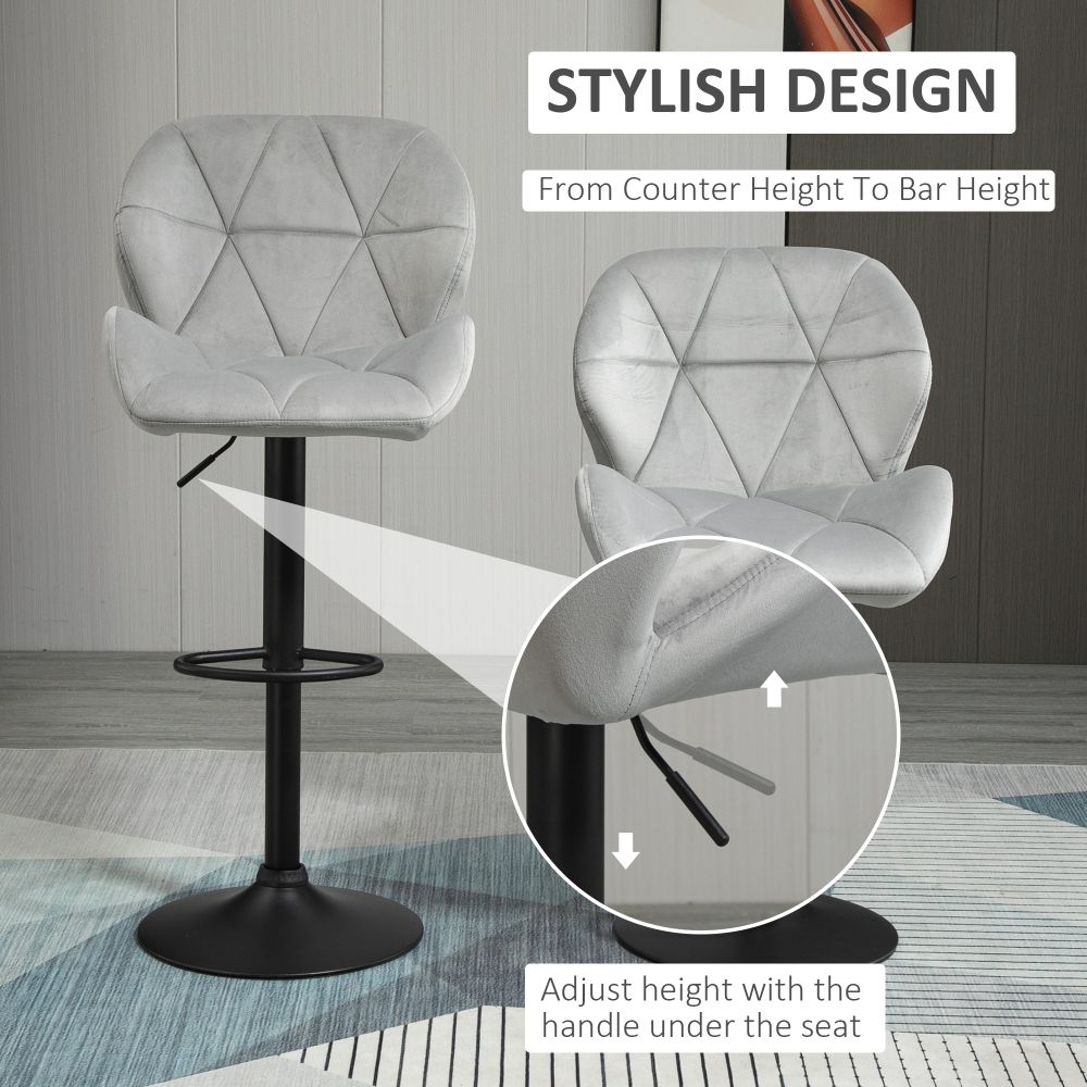 Stylish Adjustable Height Bar Stool Set of 2 - Light Grey Fabric Comfort