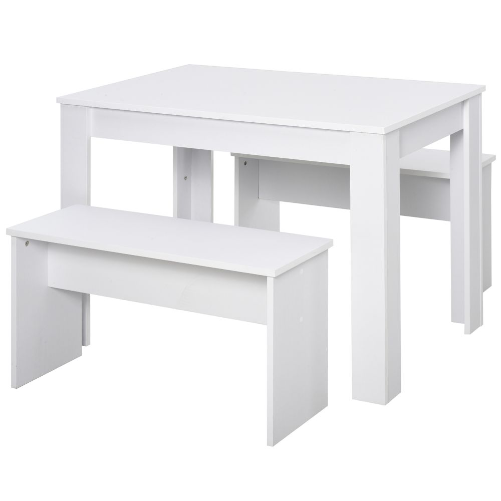 Modern White 3-Piece Particle Board Dining Set with Space-Saving Benches
