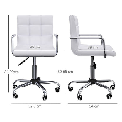Stylish White Mid Back PU Leather Swivel Desk Chair with Armrests & Wheels
