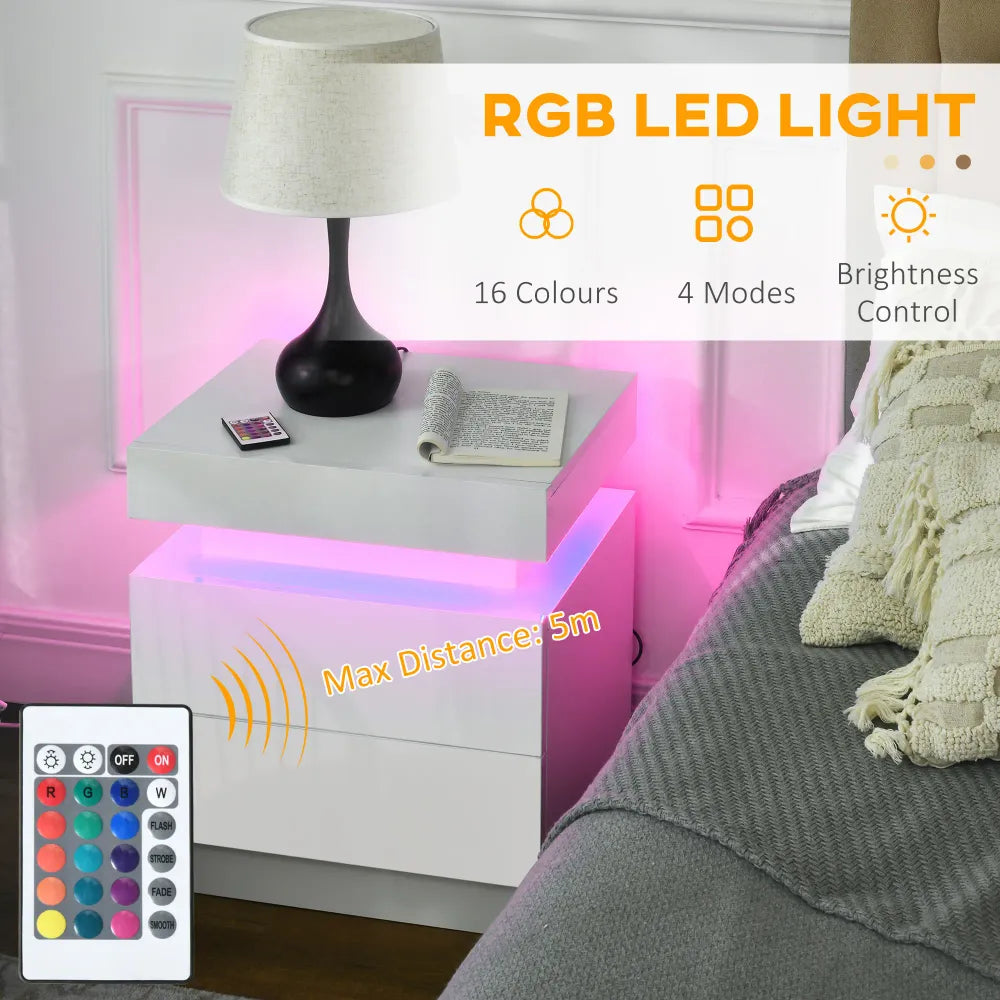 HOMCOM LED Nightstand: Stylish White Bedside Table with 2 Drawers & Lights