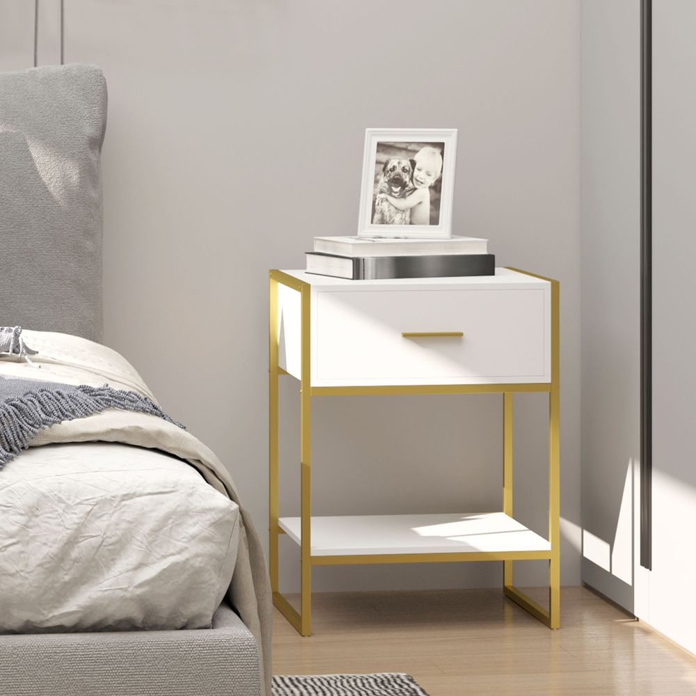 Chic Gold & White Nightstand with Drawer - Modern Storage Solution