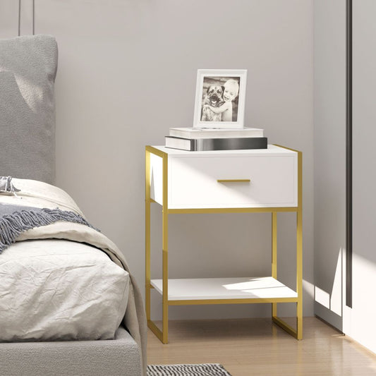 Chic Gold & White Nightstand with Drawer - Modern Storage Solution