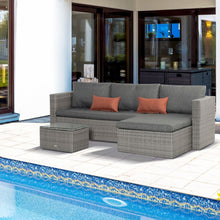 Load image into Gallery viewer, Stylish 3-Pc Grey Rattan Corner Sofa Set with Cushions &amp; Glass-Top Table
