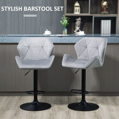 Set of 2 Elegant Velvet Bar Stools with Sturdy Metal Base - Grey Chic Design