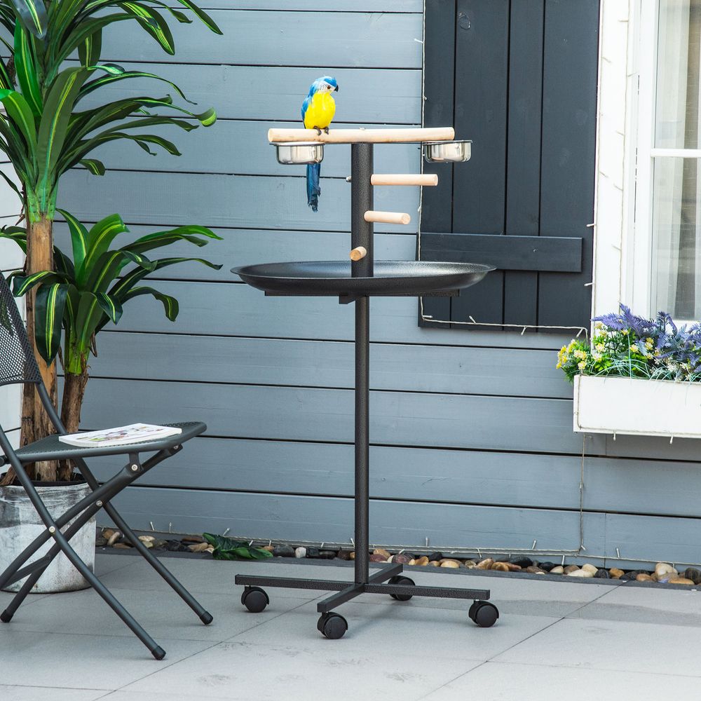 Portable Bird Play Stand with Wooden Perches & Stainless Steel Feeder Bowls