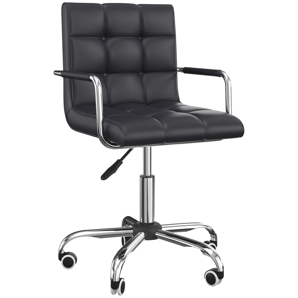Stylish Mid-Back PU Leather Swivel Desk Chair with Armrests - Black