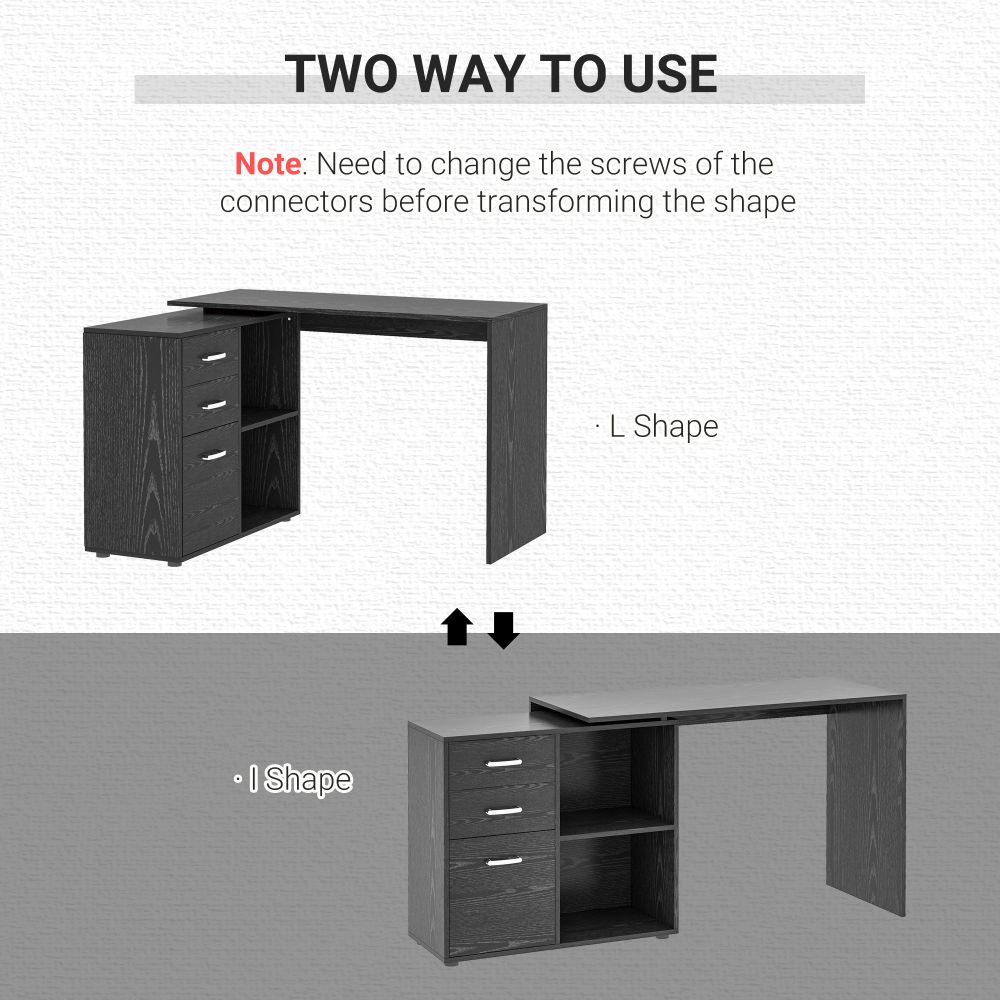 L-Shape Convertible Desk with Drawer & File Cabinet - Black Finish