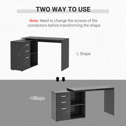 L-Shape Convertible Desk with Drawer & File Cabinet - Black Finish