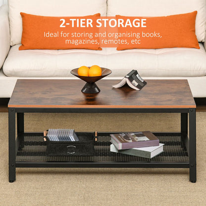 Stylish 2-Tier Coffee Table with Storage - Rustic Wood Grain & Black Frame