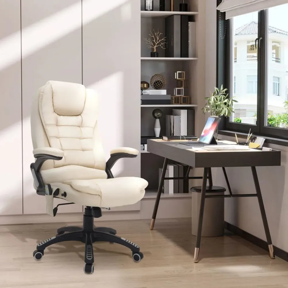 Reclining Executive Office Chair with Massage & Heat - Stylish Beige Comfort