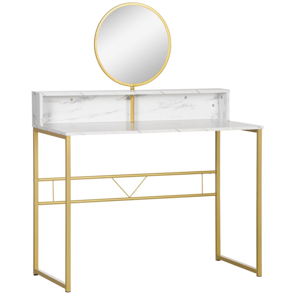 Elegant White Faux Marble Vanity Table with Round Mirror - Dreamy Makeup Station