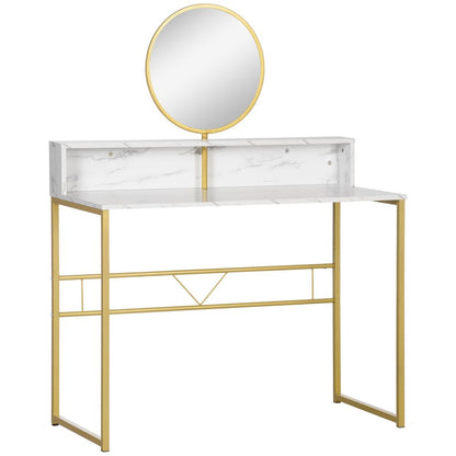 Elegant White Faux Marble Vanity Table with Round Mirror - Dreamy Makeup Station