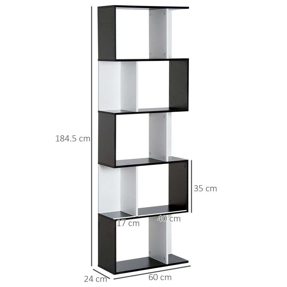 Stylish 5-Tier S-Shape Bookcase - Versatile Shelf & Room Divider in Black