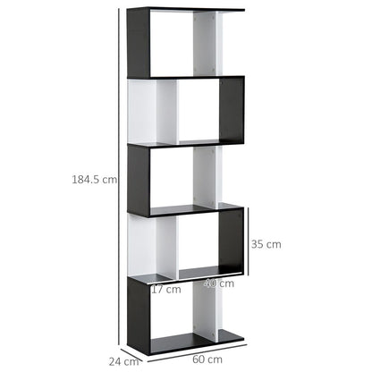 Stylish 5-Tier S-Shape Bookcase - Versatile Shelf & Room Divider in Black