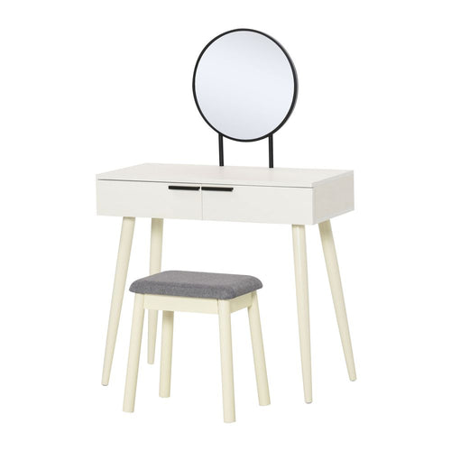 Elegant White Vanity Makeup Set with Round Mirror & Cushioned Stool
