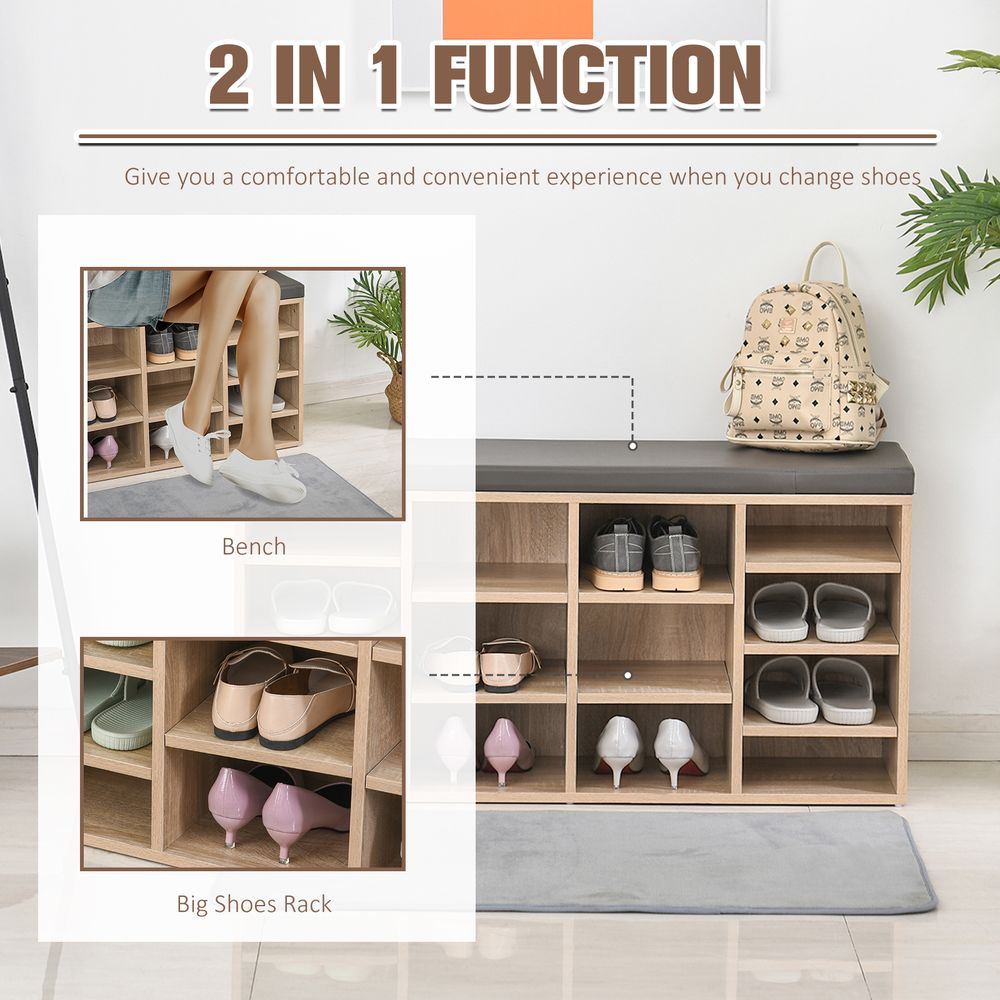 Versatile 14-Compartment Multi-Storage Shoe Rack with Cushion & Removable Shelves