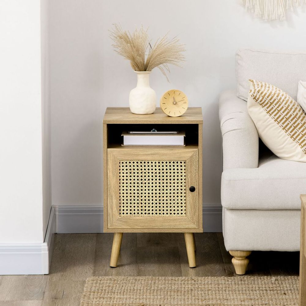 Rustic Elegance: HOMCOM Rattan Nightstand with Cabinet & Shelf for Chic Spaces