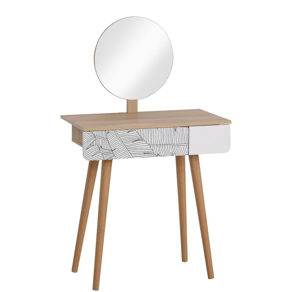Nordic Elegance Wooden Dressing Table with Round Mirror & Spacious Drawer