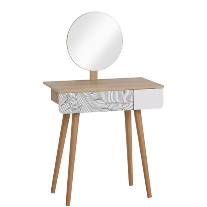Nordic Elegance Wooden Dressing Table with Round Mirror & Spacious Drawer