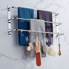 Load image into Gallery viewer, THREE Stagger Layers Towel Rack Upgraded with SIX Movable Hooks Stainless Steel Towel Bars Bathroom Accessories Set for Hanging Bath Sponge and Towels Bright Polishing 23.62 inches KJWY005YIN-60CM
