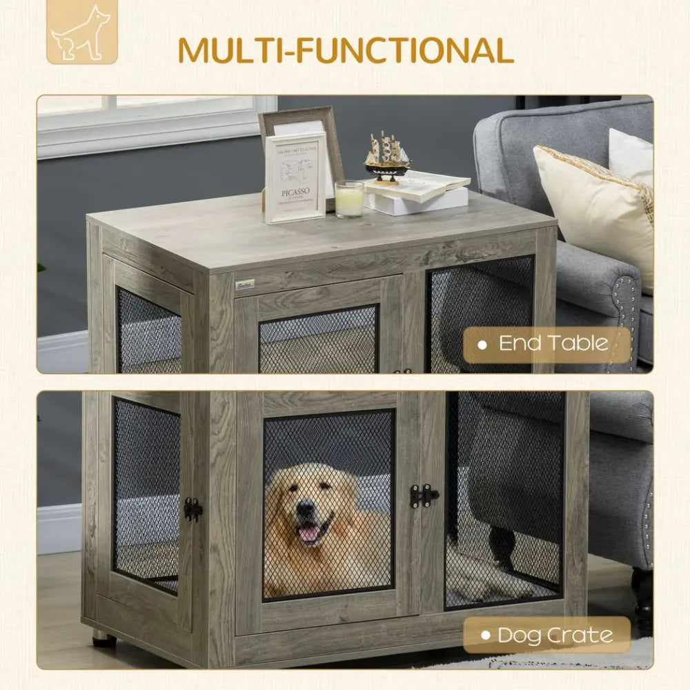 Luxury Dog Kennel End Table: Soft Cushion & Secure Dual Doors for Pets