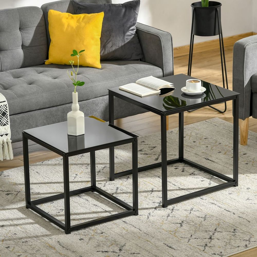 Elegant Nesting Side Tables Set with Tempered Glass Top - Modern Black Design