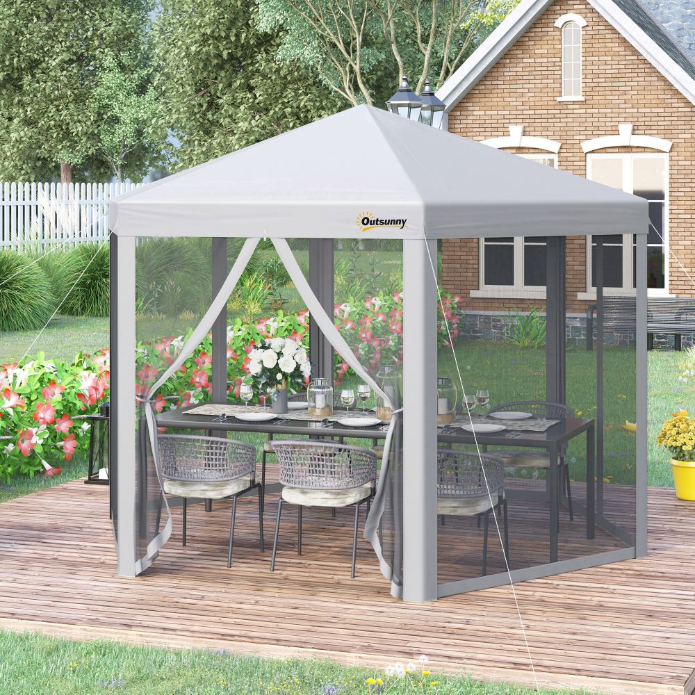 Versatile 3x3m Hexagonal Pop-Up Gazebo with Insect Mesh & Roller Bag – Grey
