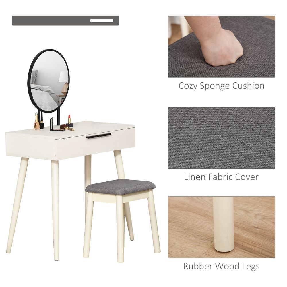 Elegant White Vanity Makeup Set with Round Mirror & Cushioned Stool