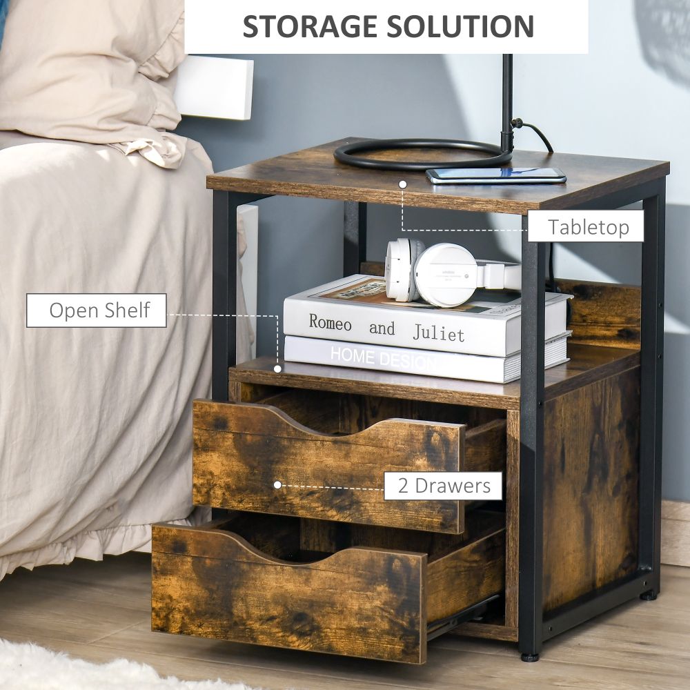 Rustic Industrial Side Table: HOMCOM Slim Storage Cabinet with Open Shelf & Drawers