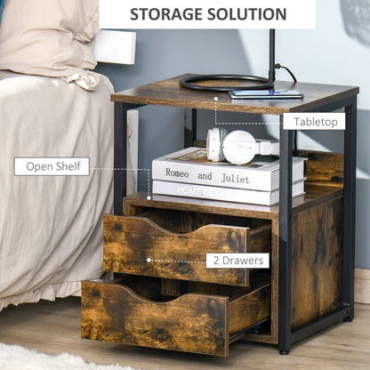 Rustic Industrial Side Table: HOMCOM Slim Storage Cabinet with Open Shelf & Drawers