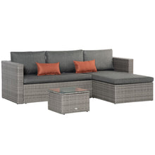 Load image into Gallery viewer, Stylish 3-Pc Grey Rattan Corner Sofa Set with Cushions &amp; Glass-Top Table
