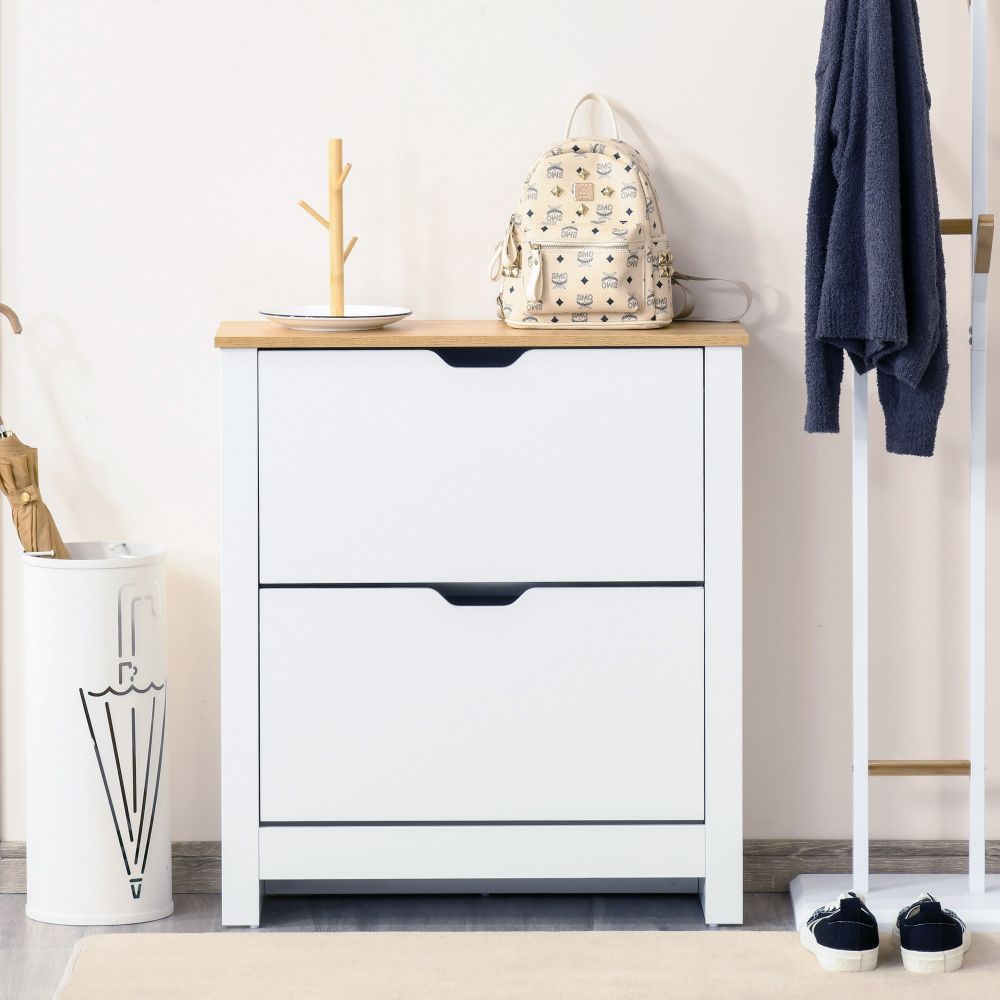 Stylish HOMCOM 12-Pair Shoe Storage Cabinet with 4 Shelves & 2 Drawers - White