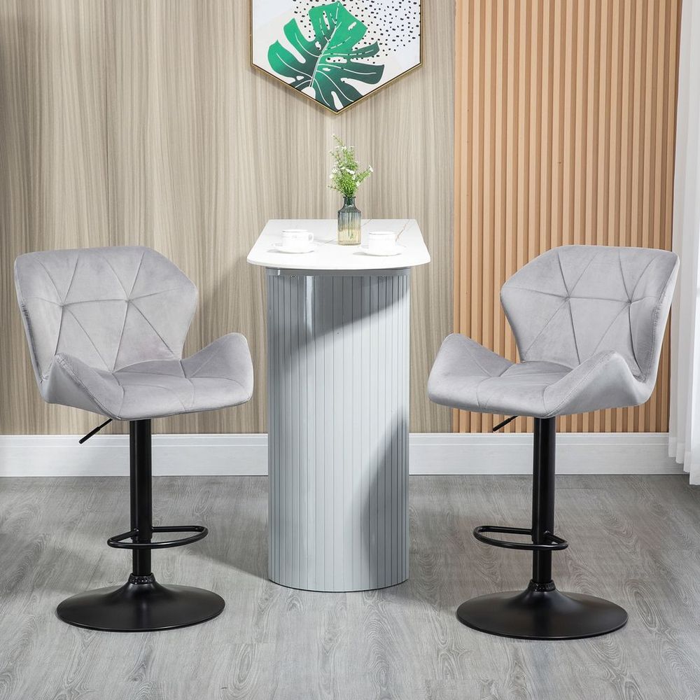 Set of 2 Elegant Velvet Bar Stools with Sturdy Metal Base - Grey Chic Design