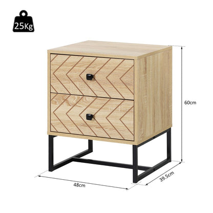 Chic Zig Zag Two-Drawer Bedside Table with Sleek Black Metal Handles