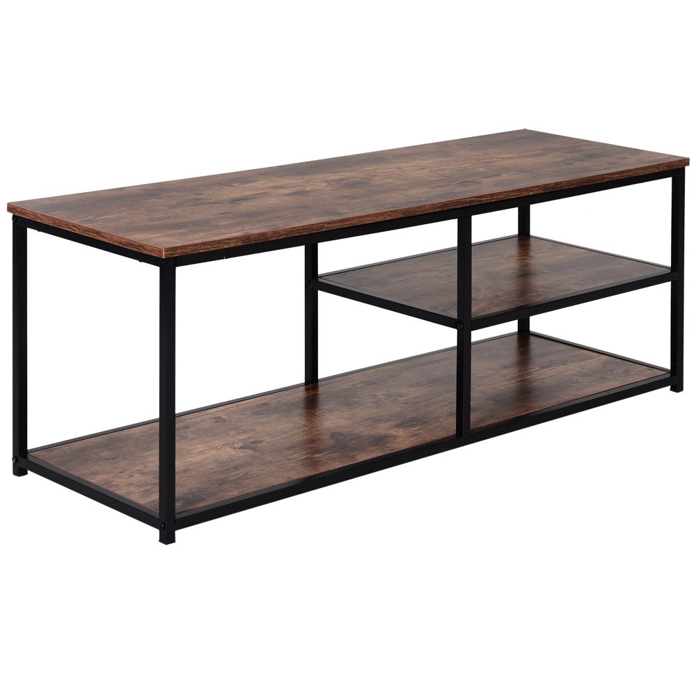 Industrial Elegance: Black & Brown Steel Frame TV Stand with Multi-Level Storage